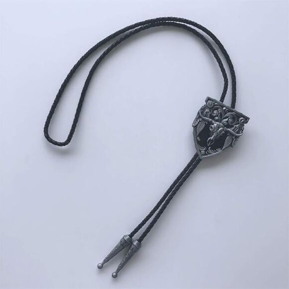 Silver & Black Texas Western Cowboy Bull Skull Bolo Tie – Braided Cord - Picture 2 of 4